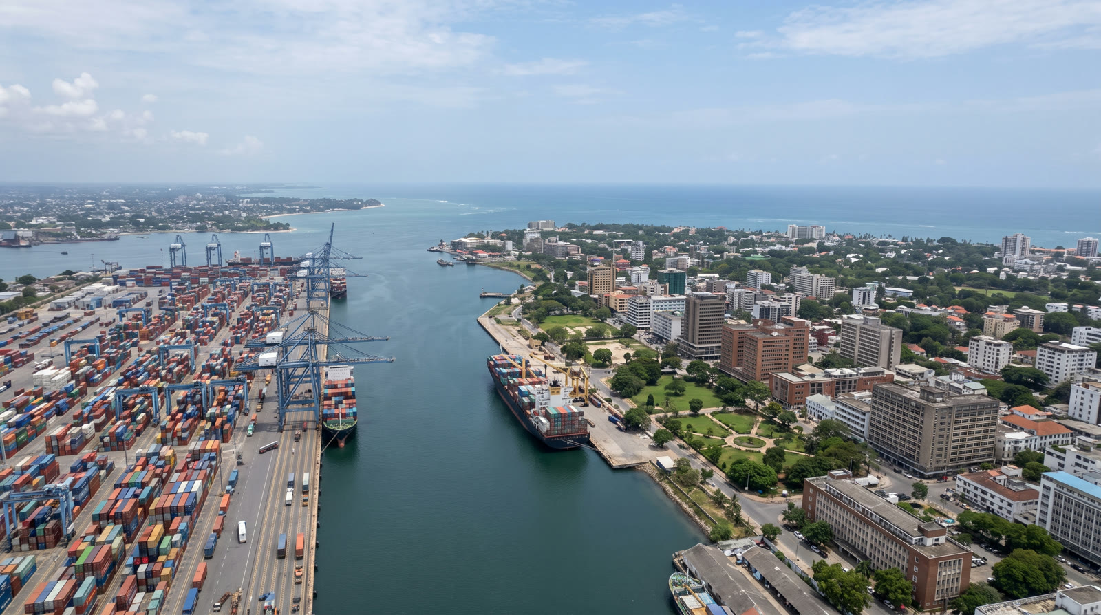 An aerial view of the port of Dar es Salaam and the city beyond